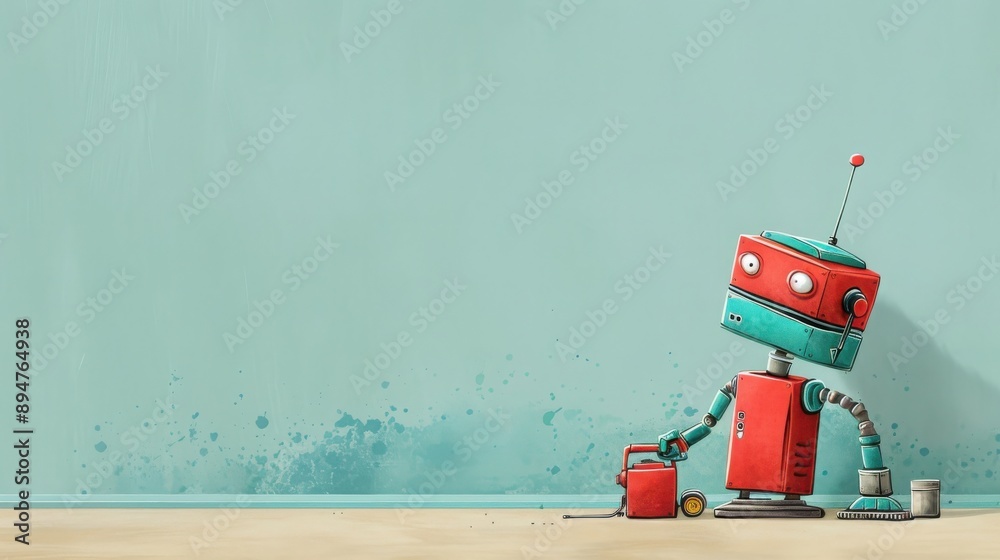 Fototapeta premium A colorful robot painting a wall with a playful and creative touch, showcasing a whimsical and imaginative environment.