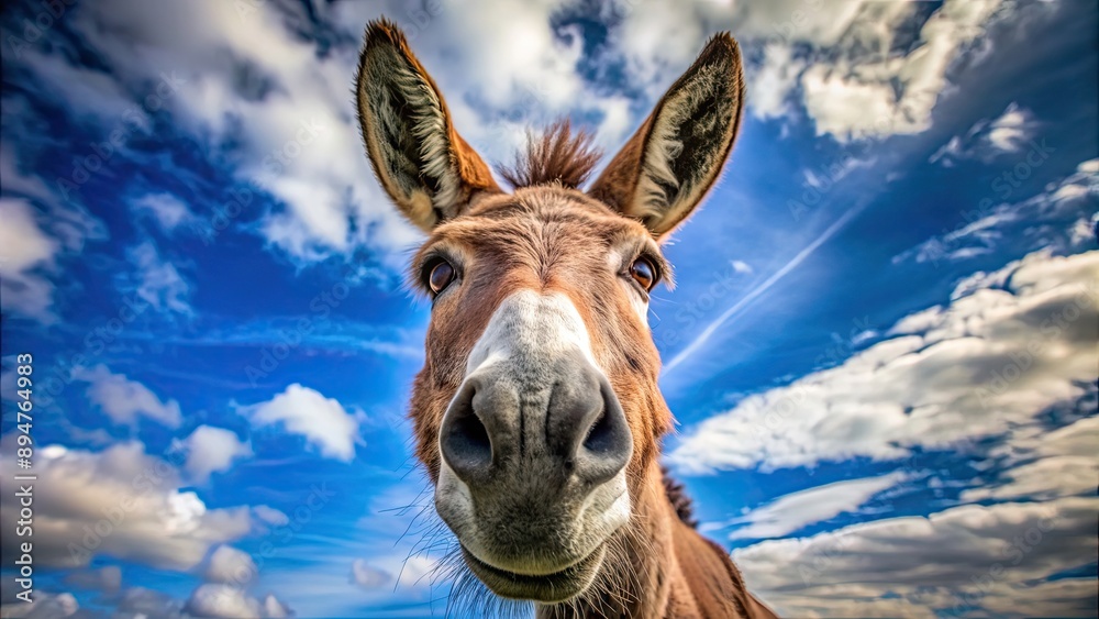Close-up photo of a donkey head taken from below, donkey, head, animal, close-up, mammal, portrait, farm, brown, ears, eyes Close-up photo of a donkey head taken from below, donkey, head, animal, close-up, mammal, portrait, farm, brown, ears, eyes