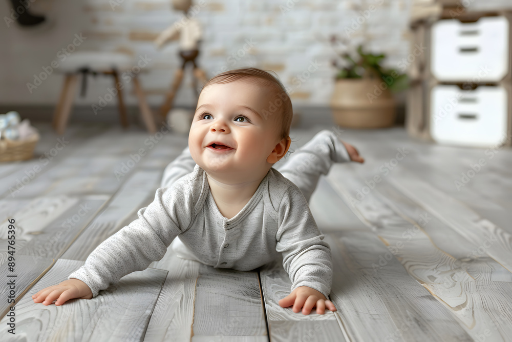 Naklejka premium Curious baby boy in grey jumpsuit lying barefoot on the floor with a joyful expression in a minimalistic setting