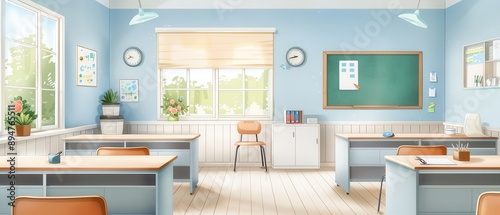 Bright and modern classroom featuring desks, a chalkboard, and ample natural light, ideal for educational themes and materials.