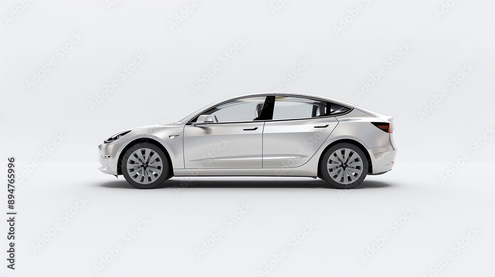 A silver car on white background, profile view Web banner with copyspace Generative AI A silver car on white background, profile view Web banner with copyspace Generative AI