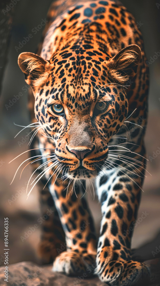 Obraz premium Leopard with fierce look while crouching close-up view