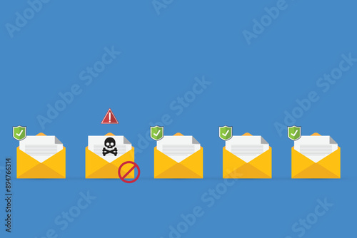Email / envelope with black document and skull icon. Virus, malware, email fraud, e-mail spam, phishing scam, hacker attack concept. Vector illustration	