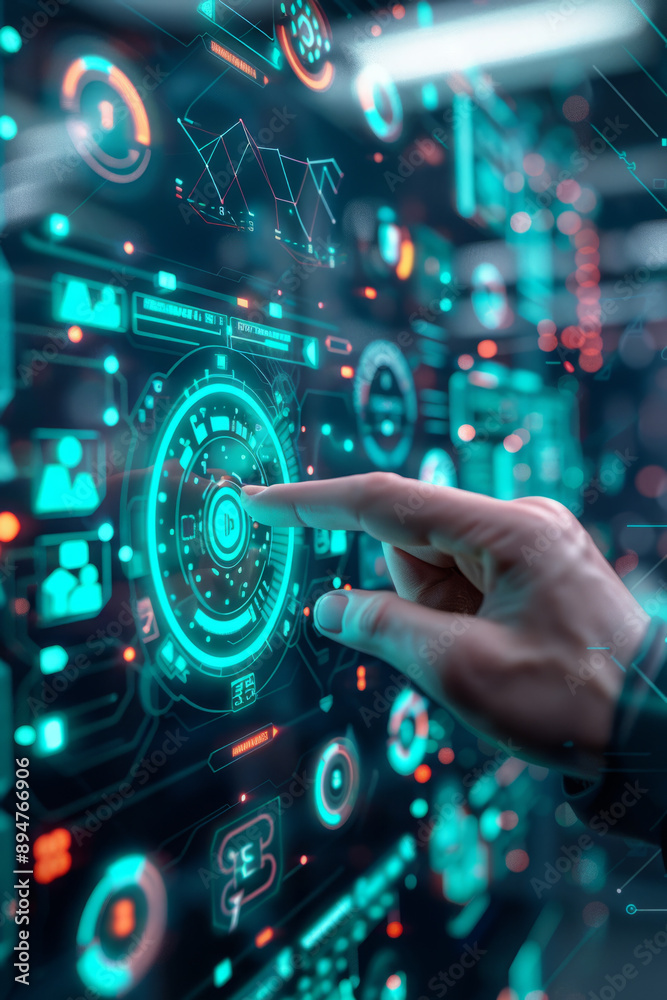  AI cyber security, Futuristic digital defense with holographic security display and advanced technology in a cyber security office setting.