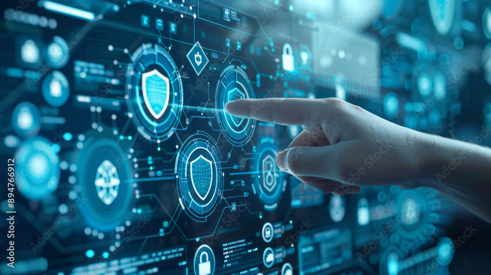AI cyber security, A hand interacts with a virtual security hologram, emphasizing cybersecurity in a digital workspace. AI cyber security, A hand interacts with a virtual security hologram, emphasizing cybersecurity in a digital workspace.
