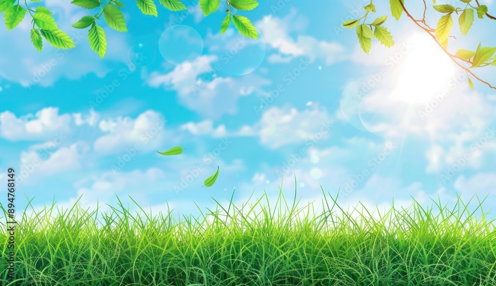 Fototapeta premium Green Grass Field Under a Sunny Sky