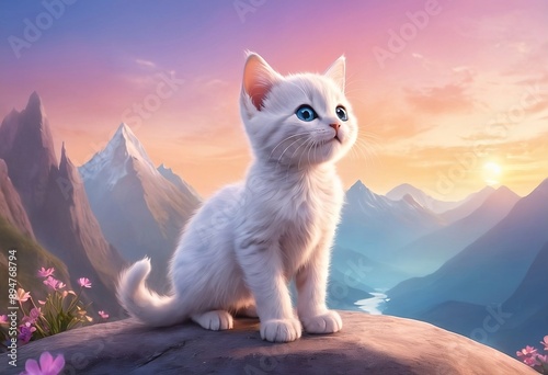 Cute White Kitten in Majestic Mountain Landscape