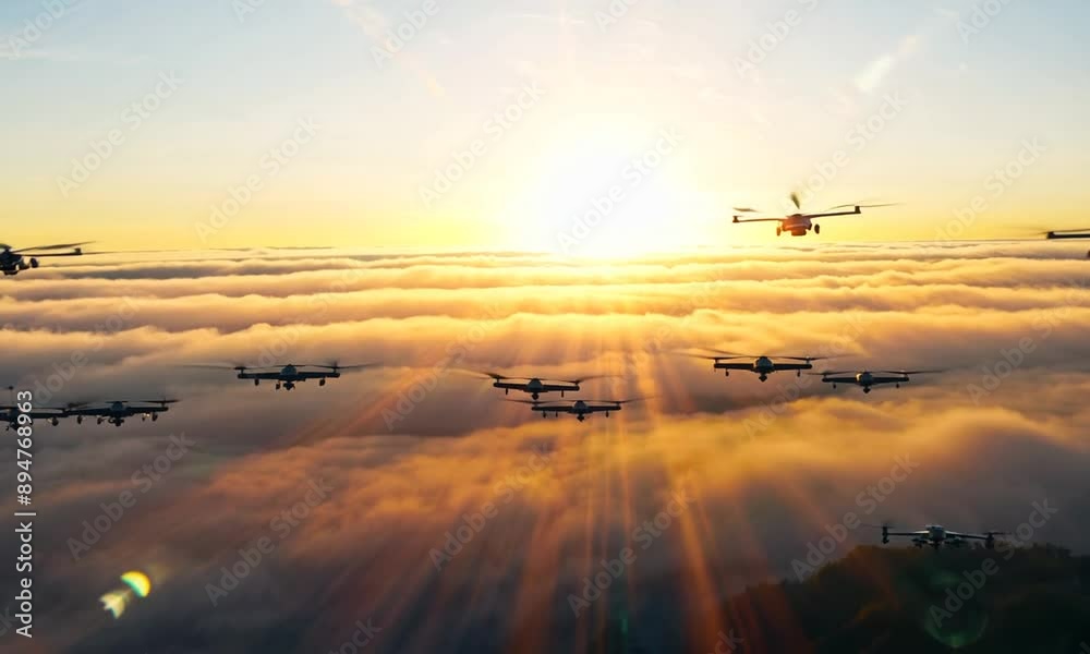 Flight Of Army Of Drones Above The Clouds Against The Backdrop Of The Rising Sun. 4K. Ultra High Definition 4K Video hyperrealistic Flight Of Army Of Drones Above The Clouds Against The Backdrop Of The Rising Sun. 4K. Ultra High Definition 4K Video hyperrealistic