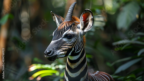 Plakat Elegant okapi in dense Congo rainforest, zebra-like stripes, 
