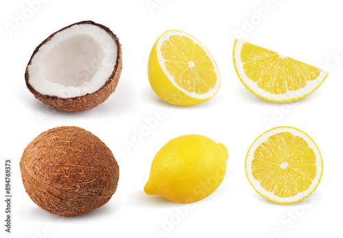 Lemons and coconuts isolated on white background. Collection.