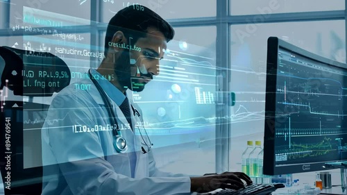 Scientist Typing Code in a Biological Research Lab with Hologram screens
