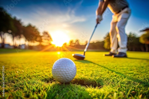 The banner. A white ball and a metal golf club are lying on the lawn in the hands of a man against the sunset background. An advertisement for a golf game at a country club. Free space for text.