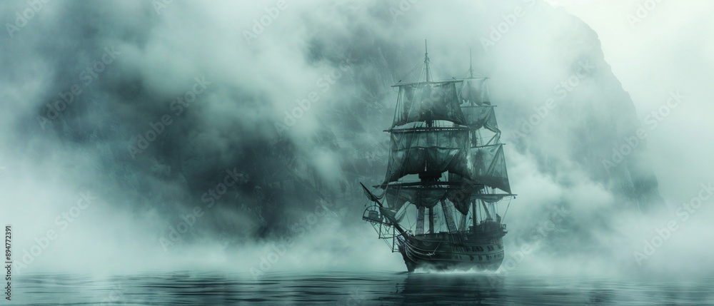 Fototapeta premium Captivating Mystery Pirate Ship Sailing through Dense Fog with Lone Pirate at Helm