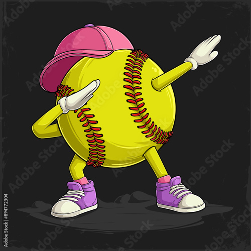 Hand drawn funny Dabbing Softball ball red stitched with hands and legs doing dab dance gesture pose