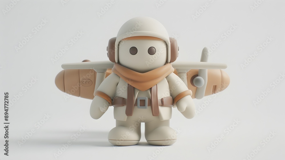 Cute Clay Pilot Figure with Airplane on White Background Cute Clay Pilot Figure with Airplane on White Background