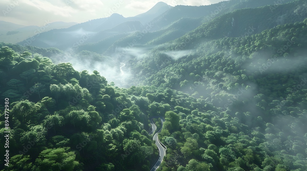 Breathtaking Aerial View of Winding Mountain Road Through Lush Misty Forest Landscape