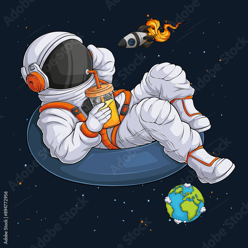 Hand drawn funny astronaut relaxing on swimming ring in the space drinking orange juice over earth