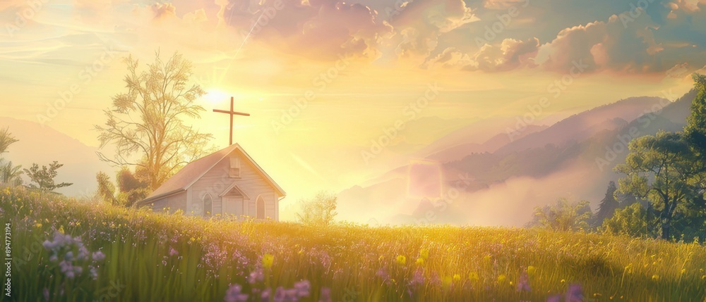 Fototapeta premium Sunrise over Field with Cross and Chapel