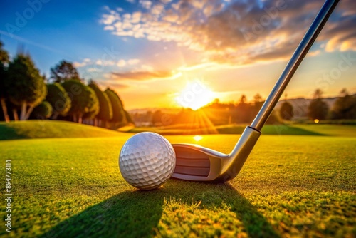 The banner. A white ball and a metal golf club are lying on the lawn in the hands of a man against the sunset background. An advertisement for a golf game at a country club. Free space for text.