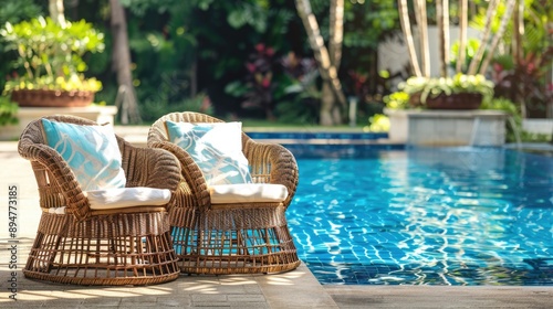 Rattan chairs with pillows near pool