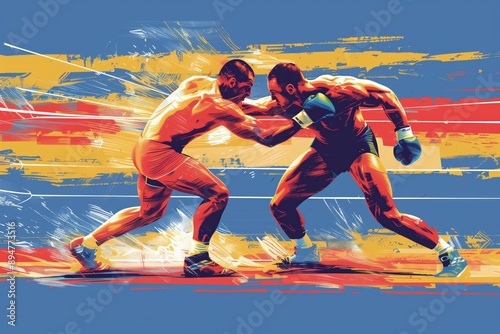 Wrestling bout, intense struggle, detailed flat design illustration showing wrestlers engaged in an intense struggle on the mat, with dynamic poses and vibrant colors, capturing the effort and