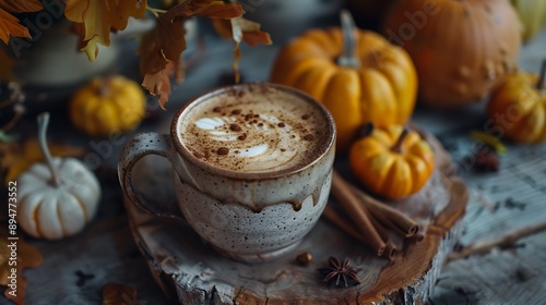 Warm pumpkin spice latte in a rustic mug with decorative pumpkins and cinnamon sticks evoking a cozy autumn atmosphere perfect for fall season