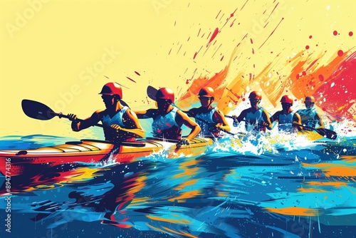 Canoe sprint, paddlers racing, detailed flat design illustration showing canoe sprint paddlers racing on the water, with vibrant colors and dynamic movement, capturing the effort and speed of the race photo