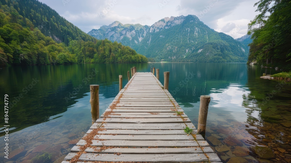 A scenic view of a wooden pier extending into a lake with the reflection of surrounding forested mountains in the clear water under a partly cloudy sky. A scenic view of a wooden pier extending into a lake with the reflection of surrounding forested mountains in the clear water under a partly cloudy sky.