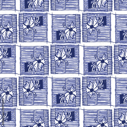 Indigo blue stitch effect flower abstract vector seamless pattern background. Modern masculine graphic design for block print hand craft trend. 