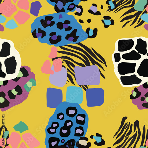 Seamless vector pattern. A vibrant design featuring a colorful leopard and zebra print background. This textile art combines patterns in green blue and pink hues, creating a visually striking art