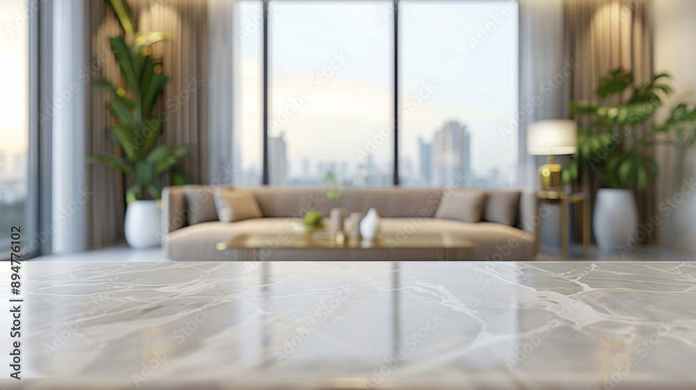 Empty White countertop Surface With Blurred Living Room Background Empty White countertop Surface With Blurred Living Room Background