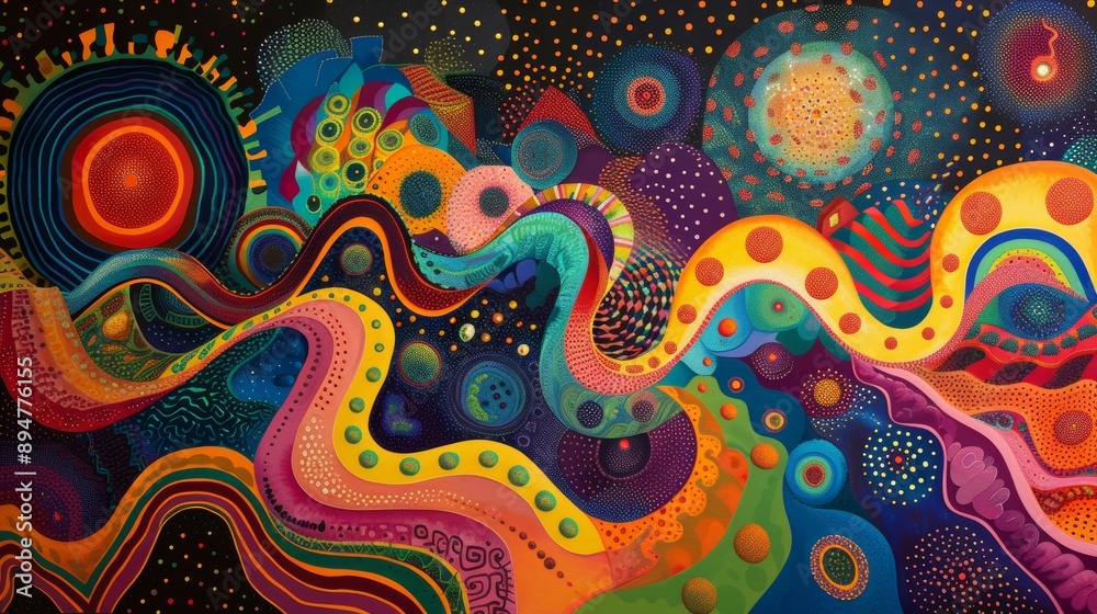 Psychedelic interpretation of air movement through home swirling patterns in vibrant colors Psychedelic interpretation of air movement through home swirling patterns in vibrant colors