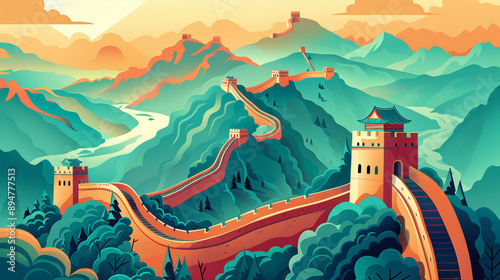 an illustration of the Great Wall in China, and natural scenery, green mountains and rivers, a landscape painting wallpaper