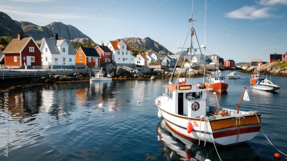 A charming coastal fishing village with colorful boats docked in the harbor, against a picturesque backdrop of vibrant houses and rocky landscapes under clear blue skies. A charming coastal fishing village with colorful boats docked in the harbor, against a picturesque backdrop of vibrant houses and rocky landscapes under clear blue skies.