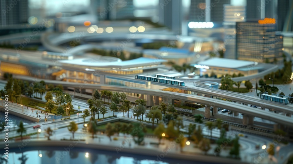 Generate a photo realistic image of a maquette showcasing a transportation center with terminals, transit hubs, and multi-modal connectivity; ensure the image is of high resolution for clear Generate a photo realistic image of a maquette showcasing a transportation center with terminals, transit hubs, and multi-modal connectivity; ensure the image is of high resolution for clear