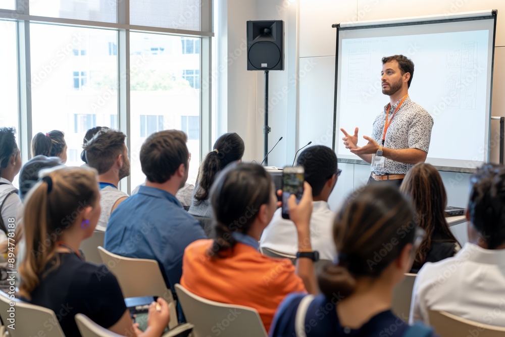 Fototapeta premium A professional speaker shares insights on teamwork, networking, public speaking, and leadership in a modern conference, engaging a diverse audience with valuable content and interactive sessions