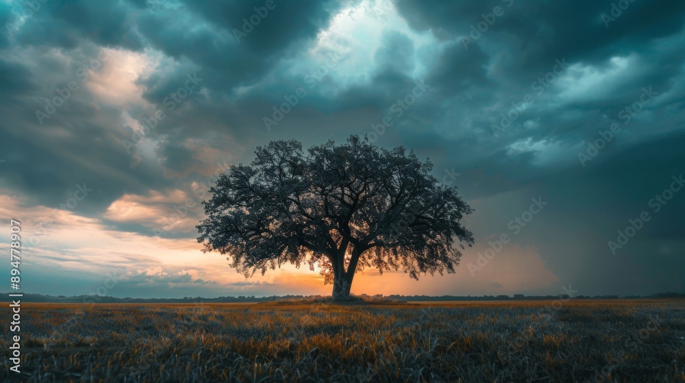Obraz premium Solitary Tree Under Stormy Sky