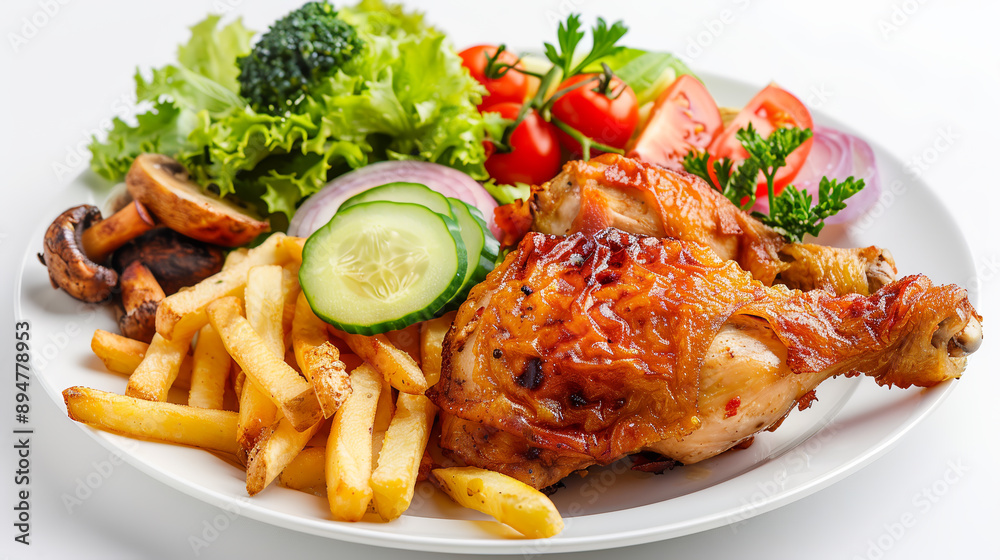 On a plate on the table there is a delicious fried chicken leg with vegetables and mushrooms. On a plate on the table there is a delicious fried chicken leg with vegetables and mushrooms.
