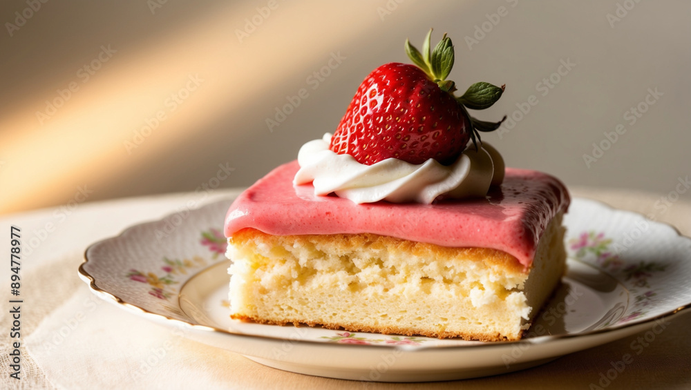 A Slice of Strawberry Short Cake with Whipped Cream Topped with Strawberry on an Ornate Plate A Slice of Strawberry Short Cake with Whipped Cream Topped with Strawberry on an Ornate Plate