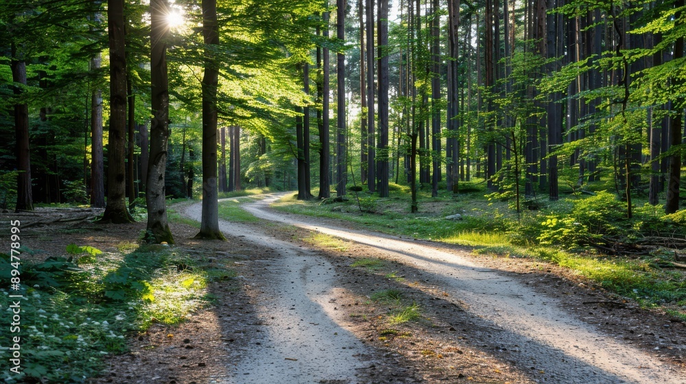 Fototapeta premium This image portrays a tranquil path winding through a forest with sunlight beautifully filtering through the green canopy, creating a peaceful and inviting atmosphere.
