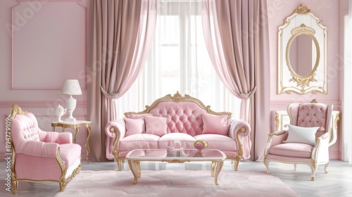 Luxury Pink Interior: Elegant Living Room with Sofa and Designer Furniture