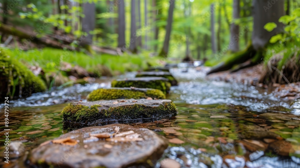 Stepping stones laced in green moss create a path across a lively stream in a dense forest. The crystal-clear water flows over smooth stones, surrounded by vibrant plants. Stepping stones laced in green moss create a path across a lively stream in a dense forest. The crystal-clear water flows over smooth stones, surrounded by vibrant plants.