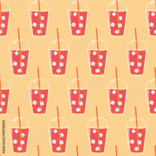 Summer drink seamless pattern. Fruit lemonade with ice cubes on beige background.