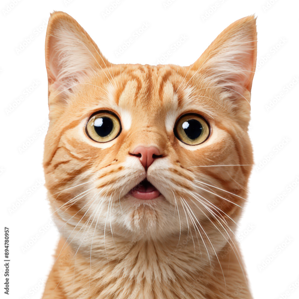 Close-up photograph of a surprised orange tabby cat with wide eyes and expressive face on a white background. Close-up photograph of a surprised orange tabby cat with wide eyes and expressive face on a white background.