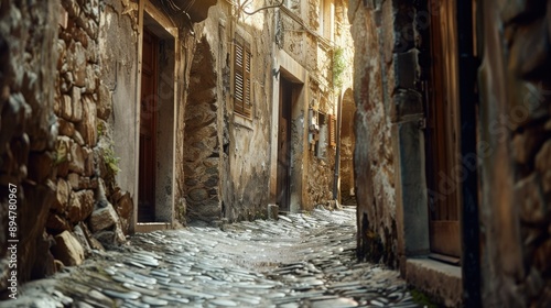 A narrow alleyway in an ancient town with cobblestone pavement and historic buildings, evoking old-world charm.