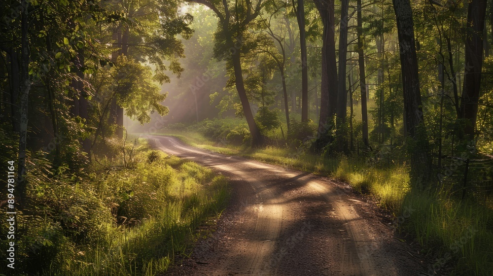 Fototapeta premium A rural dirt road winding through a forest with sunlight filtering through trees, creating a peaceful atmosphere.