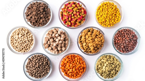 Assorted flavors of cat food in individual containers, shot from above, isolated on white