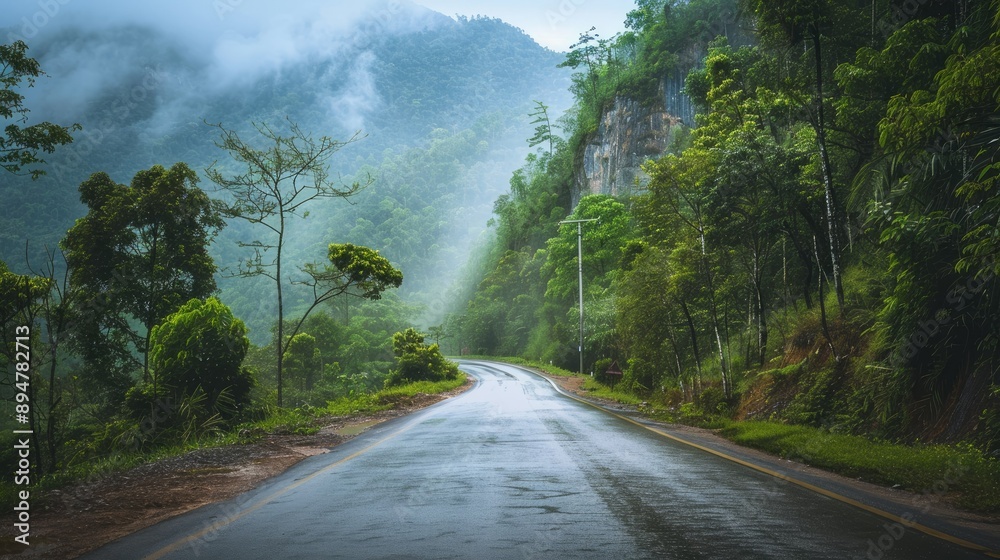 A tranquil mountain road surrounded by lush greenery and mist, showcasing natural beauty and serenity.