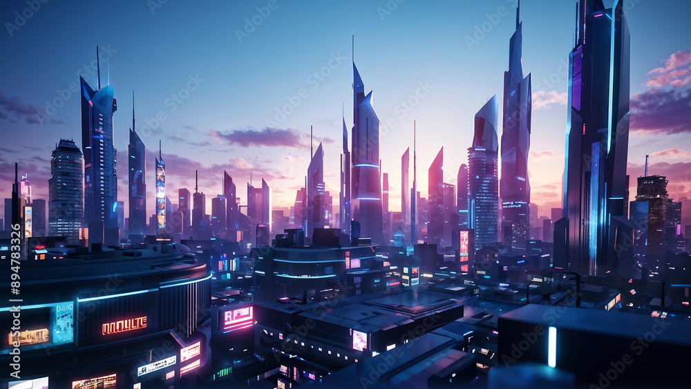 Naklejka premium Neon Big Buildings Background
