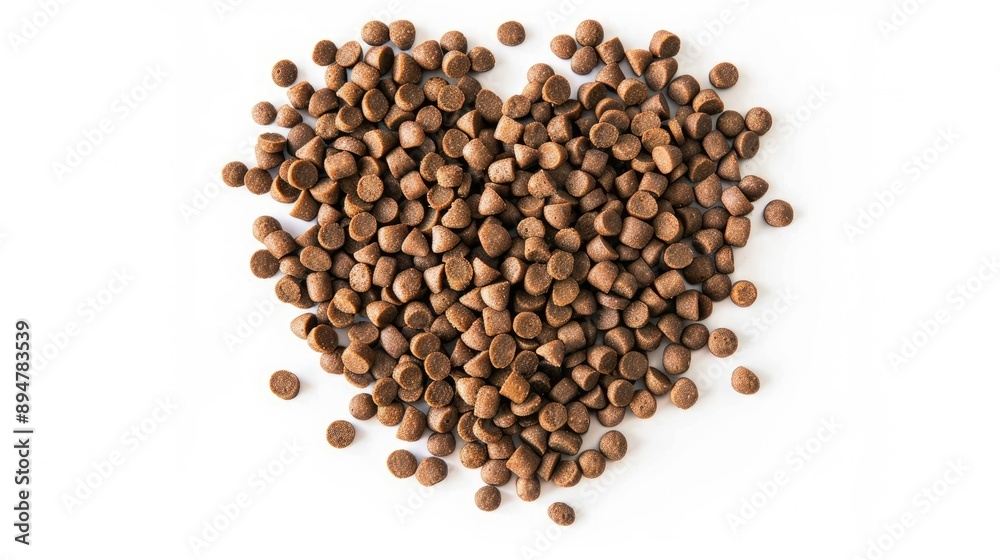 Healthy and balanced cat food pellets arranged in a heart shape on a white background Healthy and balanced cat food pellets arranged in a heart shape on a white background